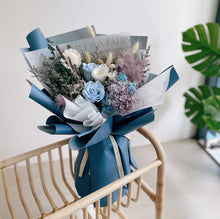 Everlasting Flower Bouquet with Blue Preserved Rose and Hydrangea in Blue Wrapping - First Sight SG Best Flower Delivery
