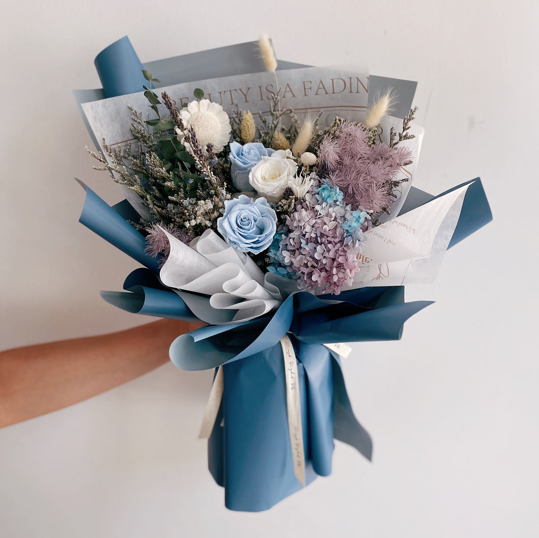 Blue Preserved Rose and Hydrangea Flower Bouquet with Baby Breath - Everlasting Love Bouquet by First Sight SG Best Florist