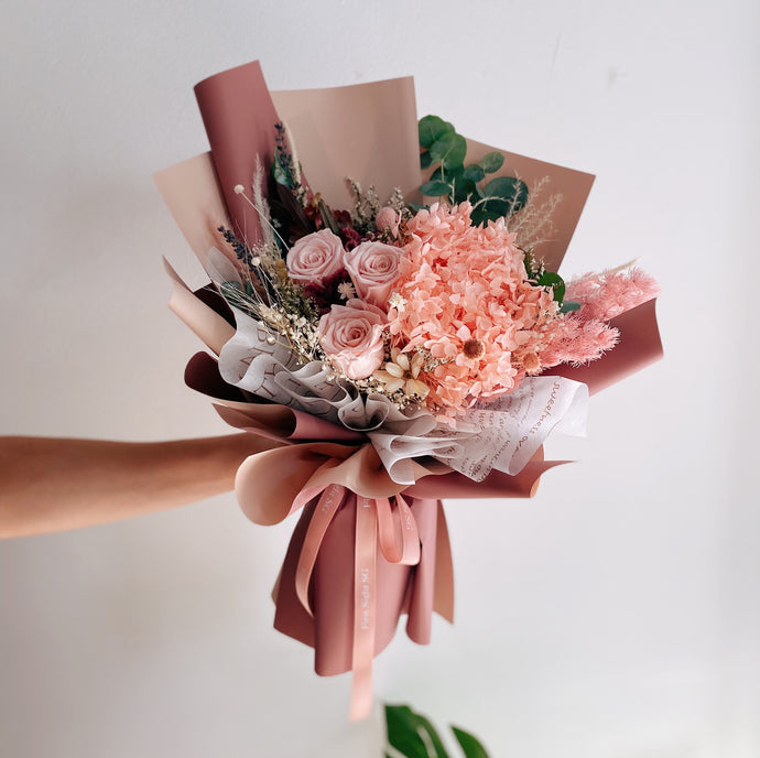 Everlasting Preserved Flower Bouquet With Pink Rose And Hydrangea - First Sight Singapore Best Florist
