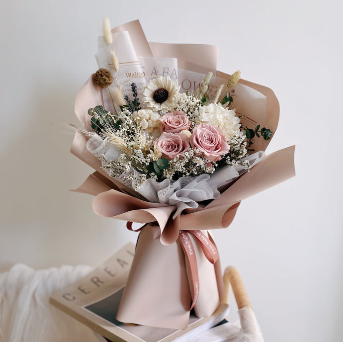 Everlasting Preserved Flower Bouquet with Earl Grey Roses and Sola Flower - First Sight Singapore Best Florist