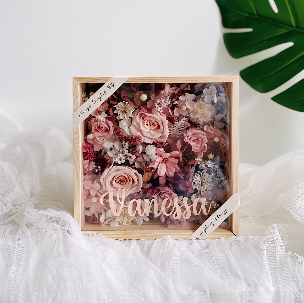 Everlasting Preserved Flowers Wooden Bloom Box Personalisable with Name by First Sight Singapore Best Florist