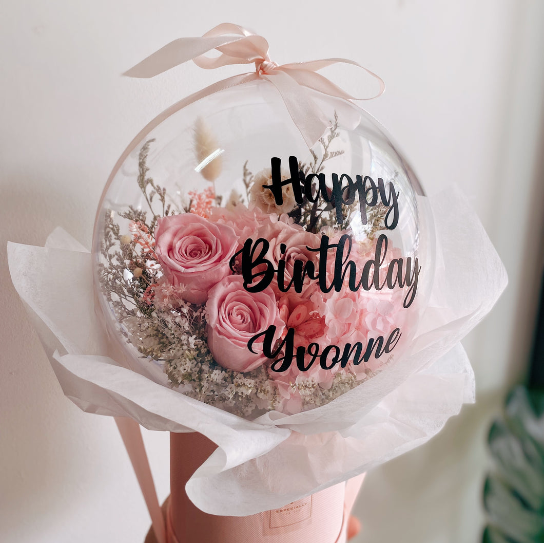 Preserved Flowers Balloon Bloom Box with Personalised Name by First Sight Singapore Best Florist