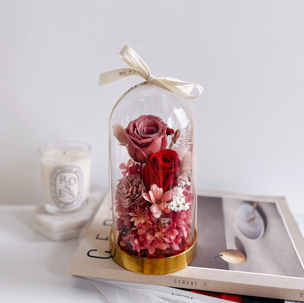Everlasting Preserved Flowers Glass Dome Rose Wine Colour Theme by First Sight SG Best Florist