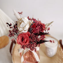 Preserved Flowers Arrangement in Clear Red Glass Vase with Sola Wood Flowers - First Sight Singapore Best Florist